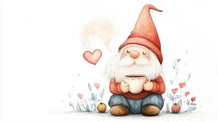 Cozy Gnome Holding a Warm Cup of Coffee with Heartwarming Atmosphere, Cute Watercolor Gnome Drinking Coffee in Autumn