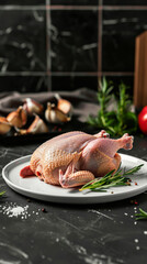 Fresh whole chicken prepared for cooking on a kitchen counter with herbs and spices