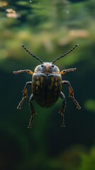 Fototapeta premium Closeup macro photography of a vibrant green beetle insect crawling on a lush green leaf or plant This detailed shot showcases the intricate patterns textures