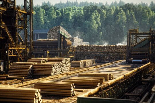 Fototapeta A pulp and paper factory with stacked logs, conveyors, and a dense forest in the background