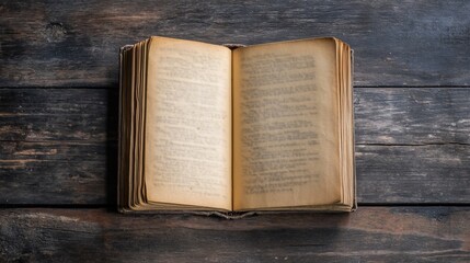 Obraz premium An Old Book Open on Dark Wooden Table Showing Its Aged Pages With Text