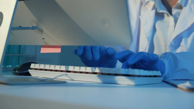 Scientific researcher wearing sterile lab coat and protective blue gloves, typing research data on white keyboard while working at desktop computer in modern laboratory environment