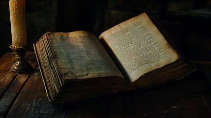 Obraz premium An old open book with handwritten text illuminated by candlelight on a wooden table
