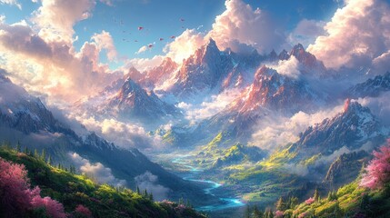 Fantasy landscape of floating islands illustration