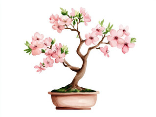 Obraz premium charming watercolor bonsai tree with delicate pink blossoms, showcasing nature beauty and tranquility