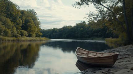 A wooden rowboat is beached on the shore of a calm river under a cloudy sky