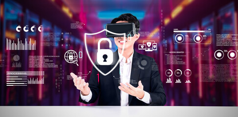 Businessman with goggles working while using security protection. Manager with formal suit checking and accessing at safety system by using augmented technology with data center background. Ingenuity.