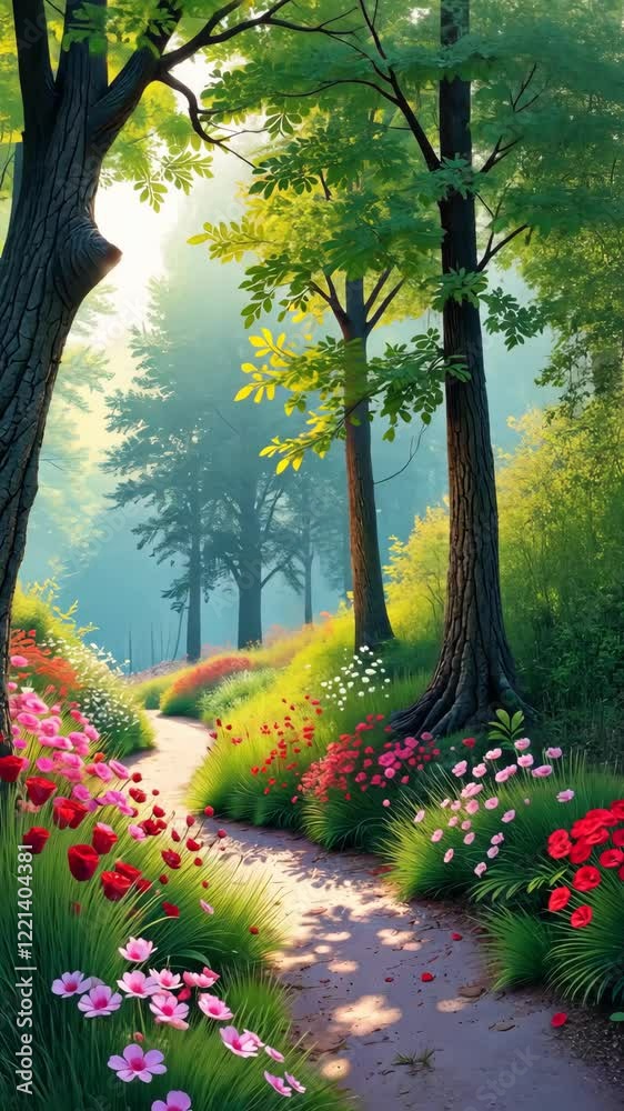 Poster A path through a forest with flowers on the side. The path is lined with trees and the flowers are in a variety of colors