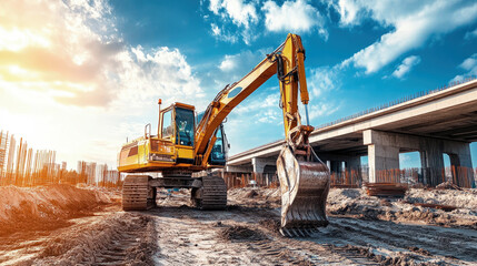 A powerful excavator with a bucket working on a construction site with a bridge or overpass in the background. Construction process.