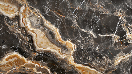 Luxurious dark marble texture with swirling patterns of beige and gold, ideal for high-end design.