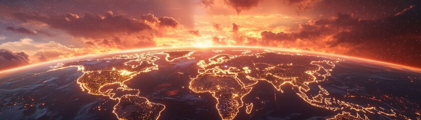 A stunning view of Earth from space, showcasing illuminated continents beneath a colorful sunset, highlighting the planet's beauty and interconnectedness.