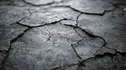 Obraz premium Close-up of cracked, dark surface. Texture shows deep fissures and crevices, a rugged and weathered appearance.