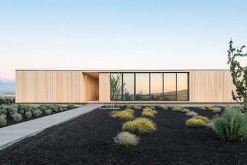 A rectangular building with light timber exterior, minimal windows, and flat landscaping