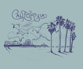 California palm beach vector art, Ferris wheel at Santa Monica beach illustration, Summer beach artwork for  t shirt, poster, screen print, sunshine with cloud drawing 