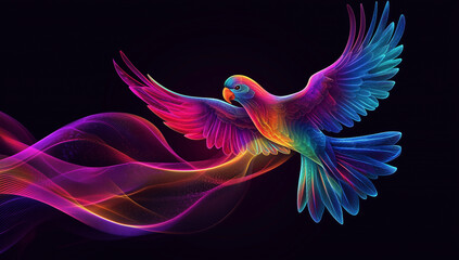 Obraz premium A colorful parrot flying with spread wings on a black background