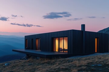 Fototapeta premium A rectangular mountain retreat with dark timber walls, simple clean lines, and a flat roof