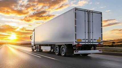 Freight truck driving on a highway at sunset with a vibrant sky, symbolizing transportation and logistics. Perfect for shipping, travel, and commercial industry themes.