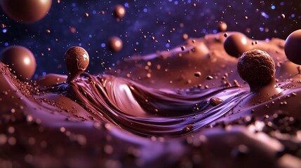 Abstract chocolate spheres and liquid waves on a cosmic dark background of bokeh