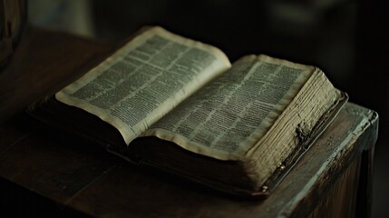 Obraz premium Antique Open Book on Wooden Table Detail and Intricate Page Details