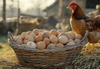 Fresh Brown Eggs in a Rustic Basket with a Hen Standing Nearby on a Farm at Sunrise, Capturing the Essence of Country Living and Farm Fresh Produce