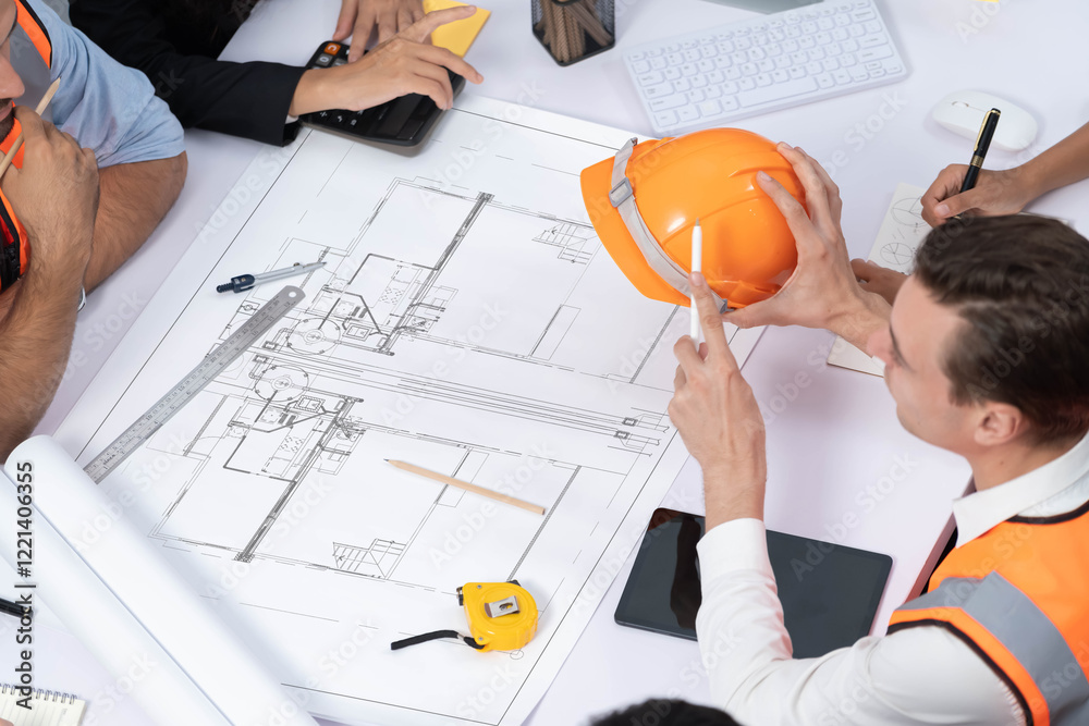 Aufkleber diverse group of civil engineer and client working together on architectural project, reviewing cons