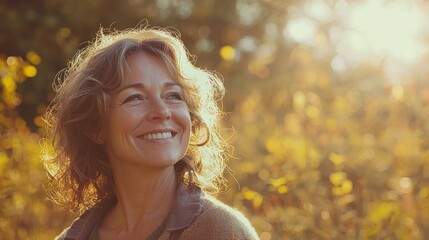 Smiling middle-aged woman with blonde hair enjoying autumn sunlight in a scenic forest, surrounded by warm fall colors. Perfect for themes of happiness, tranquility, and well-being.