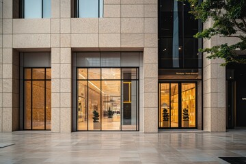 A refined retail building with polished stone walls, sleek glass windows, and simple geometric window patterns