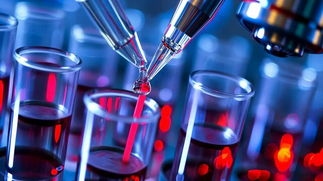 Advanced nanotechnology in biomedical research laboratory with precision tools analyzing samples under a microscope in a brightly lit environment