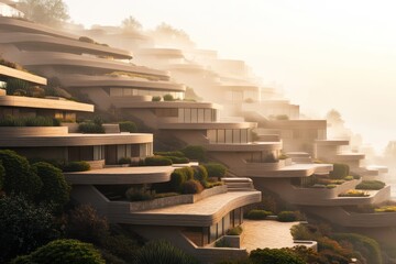 A residential complex with flowing terraces, earthy tones, and cascading planters under a soft morning haze