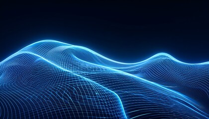 Neon Wave abstract background, Isolated on a dark background, Blue Neon wave with glow, Technology, network, internet concept, Copyspace
