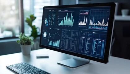 A sleek computer screen displaying complex data algorithms and multi-dimensional charts that highlight predictive analytics.