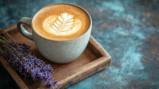Cup of latte coffee with latte art served on a wooden tray next to sprigs of lavender on a rustic textured background