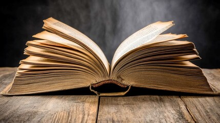 Obraz premium Open antique book with weathered pages on a wooden table against a dark background