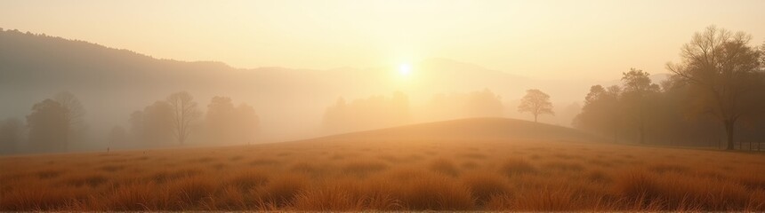 Obraz premium Hazy, foggy landscape with a lone horse in the foreground