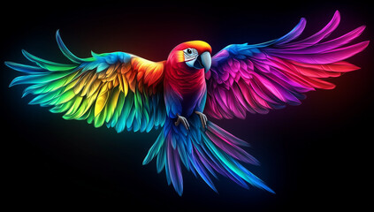Fototapeta premium A colorful parrot flying with spread wings on a black background