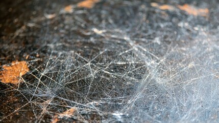 Dusty spiderweb on dark surface, blurred background, texture