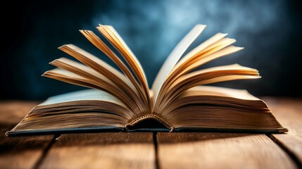 Fototapeta premium Open antique book with aged pages resting on a textured wooden surface creates a study atmosphere