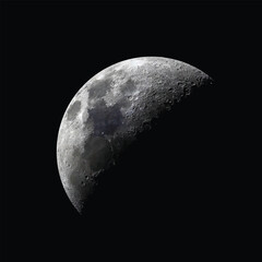 Realistic moon vector isolated on black background. Half moon illustration. Detailed Luna. Super moon in dark background.