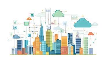 Obraz premium A digital city with interconnected smart systems, showcasing innovation through data streams and cloud networks in real-time.