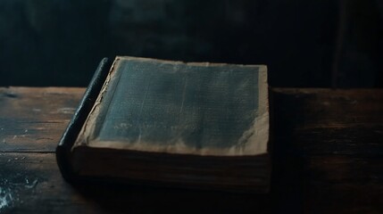 An old book with a worn cover and a leather binding rests on a wooden surface