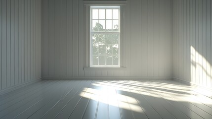 Fototapeta premium Empty white room, sunlit wood floor, window view, design mockup
