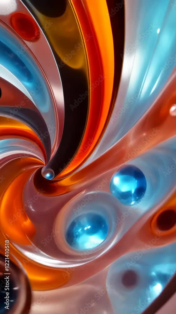 Poster a spiral of bright orange and blue lines. the lines are in a pattern and are very close together