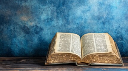Obraz premium Close-up of an old open book resting on a rustic wooden table against a textured blue backdrop