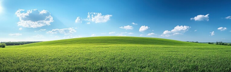 Fototapeta premium Lush Green Hills under a Bright Blue Sky with Fluffy White Clouds in a Sunny Landscape Scene Ideal for Nature and Serenity Themes