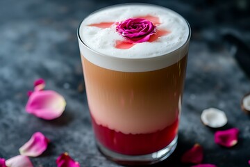 A layered coconut rose latte with pink rose syrup at the bottom and a frothy coconut milk foam.