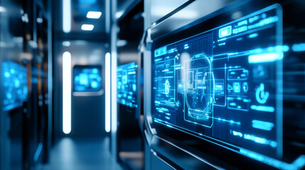 Obraz premium Futuristic digital interface in high tech environment with glowing screens