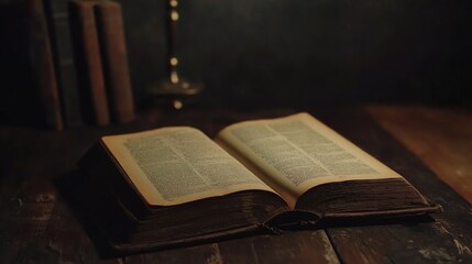 Obraz premium An open antique book lies on a dark wooden table beside other aged books