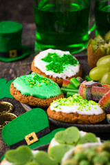 St. Patricks Day party food, green beer and shamrock