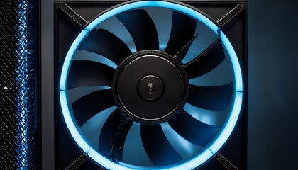 Illuminated Computer Fan: Sleek Black Design with Cool Blue LED Lighting