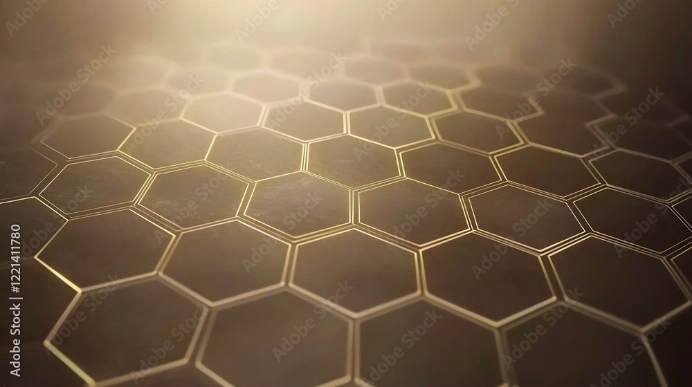 Wall mural abstract golden hexagon grid pattern with soft lighting on a dark surface creating depth and texture